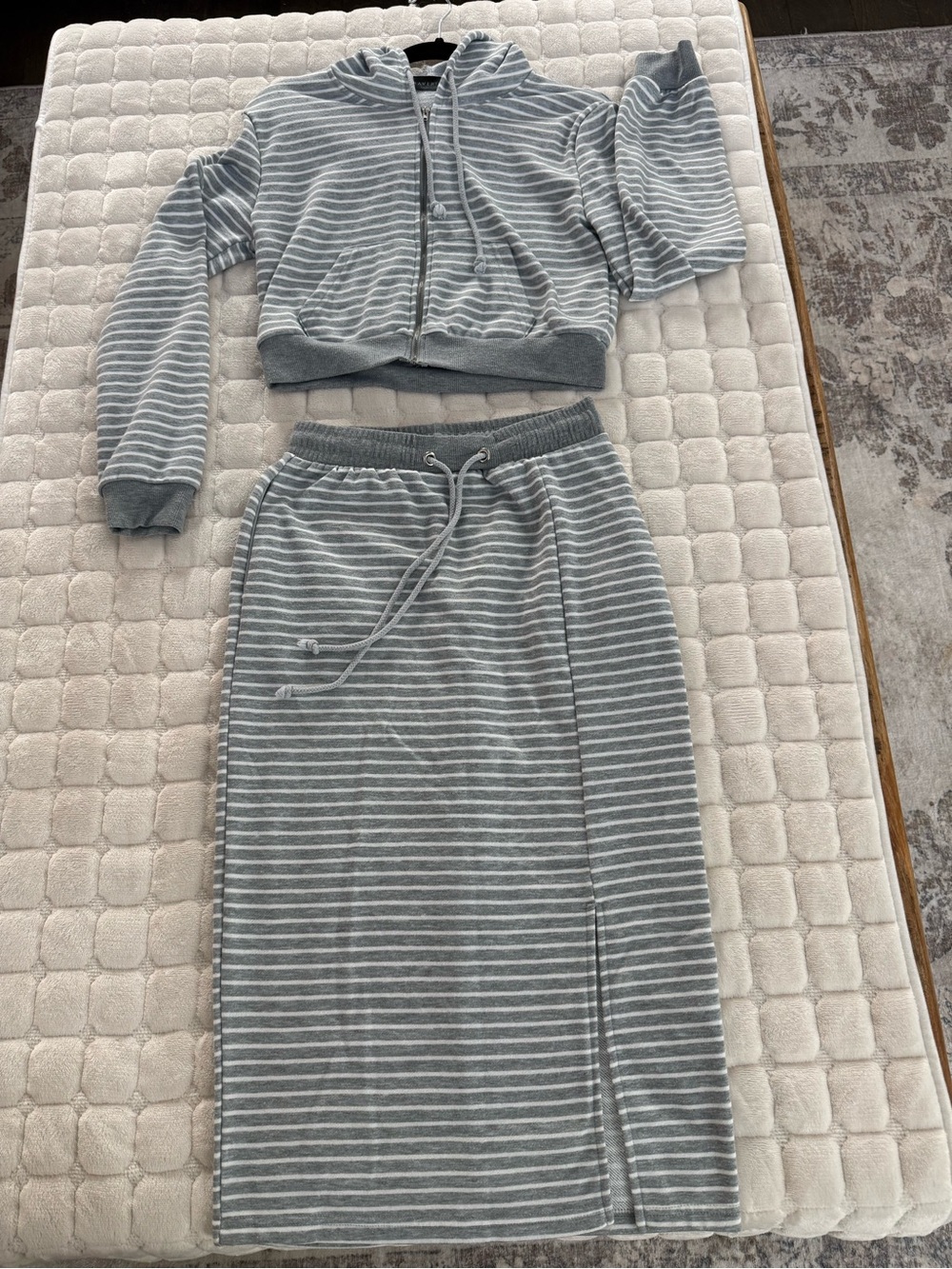Striped Two-Piece Hoodie & Skirt Set — Gray & White